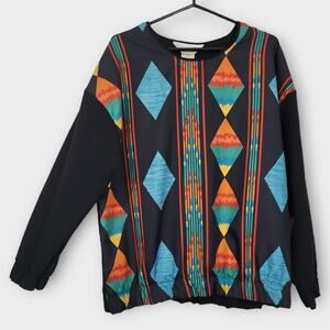 Vintage Blair Blouse Womens Size XL Black Southwest Geometric No Tuck Blouson 80